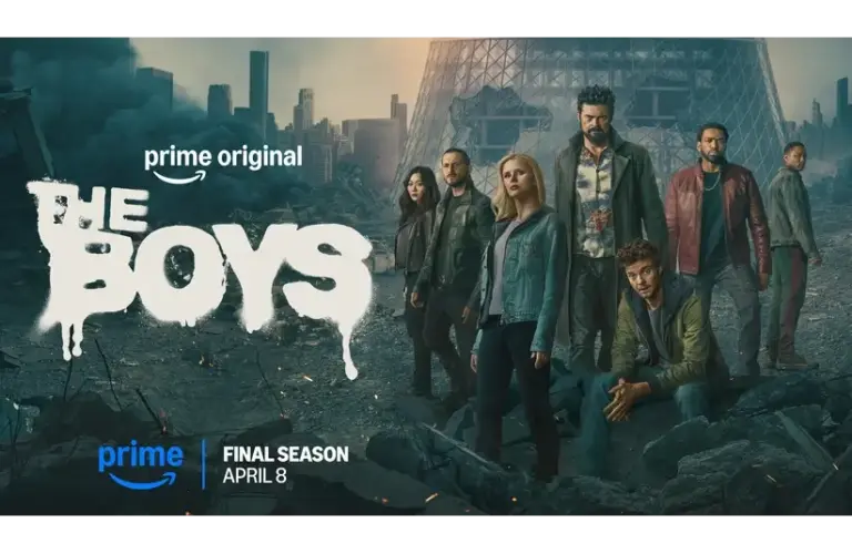 A group of seven diverse individuals stands amid urban rubble with a destroyed skyscraper backdrop. Text reads "The Boys, Final Season, April 8," conveying a tense, dramatic tone.