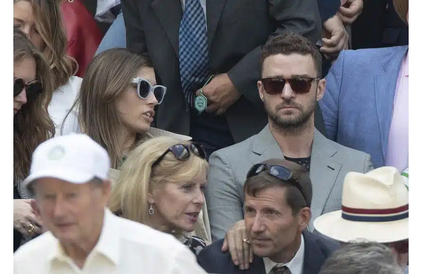 Jul 10, 2018; London, United Kingdom; Justin Timberlake and Jessica Biel in attendance for the Serena Williams (USA) and Camila Giorgi (ITA) match on day eight at All England Lawn and Croquet Club. Mandatory Credit: Susan Mullane-Imagn Images