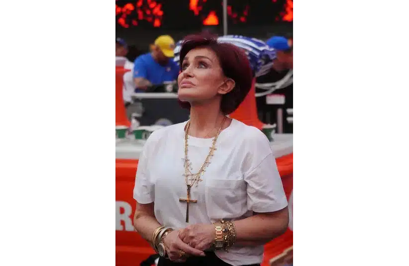 Sep 8, 2022; Inglewood, California, USA; British TV personality Sharon Osbourne loosk on during the game between the Los Angeles Rams and the Buffalo Bills at SoFi Stadium. Mandatory Credit: Kirby Lee-Imagn Images
