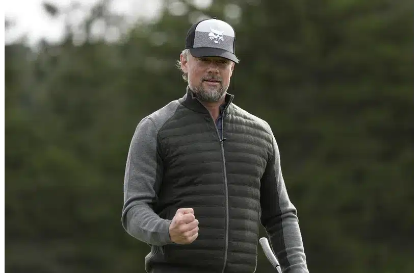 February 2, 2023; Pebble Beach, California, USA; Josh Duhamel reacts after his putt on the first hole during the first round of the AT&T Pebble Beach Pro-Am golf tournament at Spyglass Hill Golf Course. Mandatory Credit: Ray Acevedo-Imagn Images