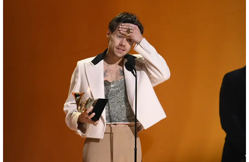 Feb 5, 2023; Los Angeles, CA, USA; Harry Styles accepts the award for album of the year for Harry's House during the 65th Annual Grammy Awards at Crypto.com Arena in Los Angeles on Sunday, Feb. 5, 2023.. Mandatory Credit: Robert Hanashiro-USA TODAY