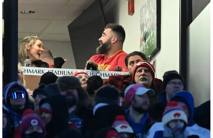 Jan 21, 2024; Orchard Park, New York, USA; Jason Kelce (right) and Kylie Kelce (left) watch the game from the suites in the first half of the 2024 AFC divisional round game between the Buffalo Bills and the Kansas City Chiefs at Highmark Stadium. Mandatory Credit: Mark Konezny-Imagn Images