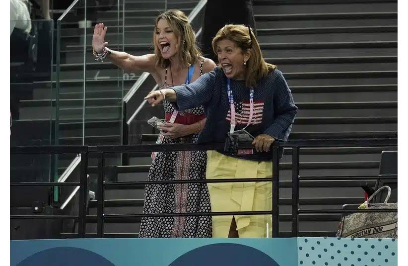 Jul 30, 2024; Paris, France; Hoda Kotb (right) in the stands during the women’s team final at the Paris 2024 Olympic Summer Games at Bercy Arena. Mandatory Credit: Kyle Terada-Imagn Images