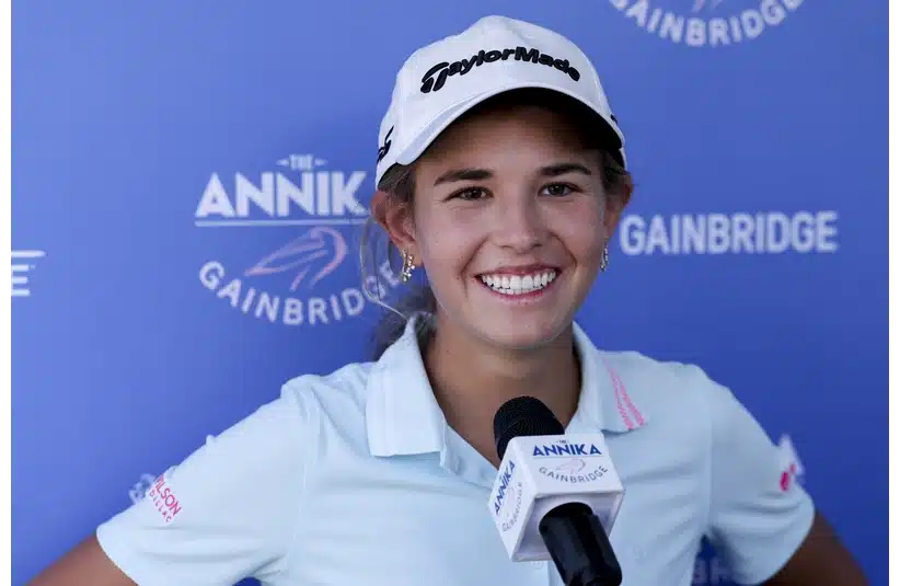 Nov 14, 2025; Belleair, Florida, USA; Kai Trump talks to media after the second round of The ANNIKA golf tournament at Pelican Golf Club. Mandatory Credit: Nathan Ray Seebeck-Imagn Images