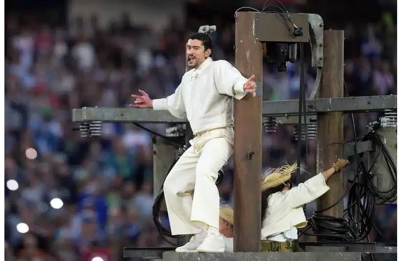 Feb 8, 2026; Santa Clara, CA, USA; Bad Bunny performs during halftime in Super Bowl LX between the New England Patriots and the Seattle Seahawks at Levi's Stadium. Mandatory Credit: Darren Yamashita-Imagn Images