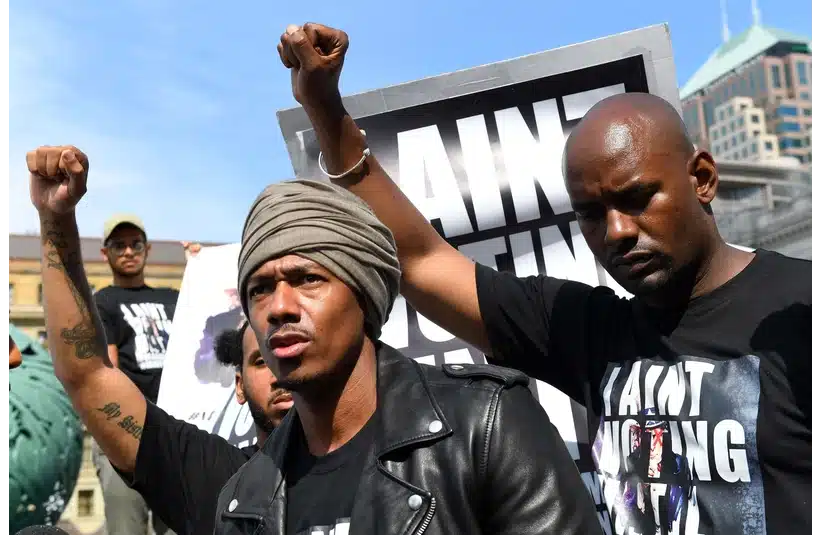 Jul 18, 2016; Cleveland, OH, USA; Rapper and actor Nick Cannon making an appearance with Black Lives Matter at the Public Square in Cleveland during the 2016 Republican National Convention at Quicken Loans Arena. Mandatory Credit: Jack Gruber-USA TODAY NETWORK