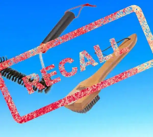 Images of Weber grill brushes in two styles on a light blue background with Recall stamped over them