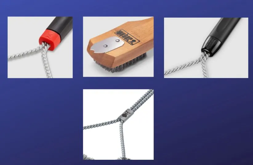 Images of Weber grill brushes close up on the handles & logos