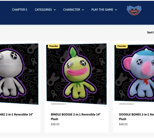 Wrongside Outimals Poppy Playtime Chapter 5 Broken Things, Playtime Co. Store has 3 plushies, Bindle Boogie, Doodle Bones, and Blanky Blankz