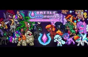 Pixel art of various colorful ponies in action poses, surrounding a central emblem. Text reads “Battle Gem Ponies” with Japanese characters below.