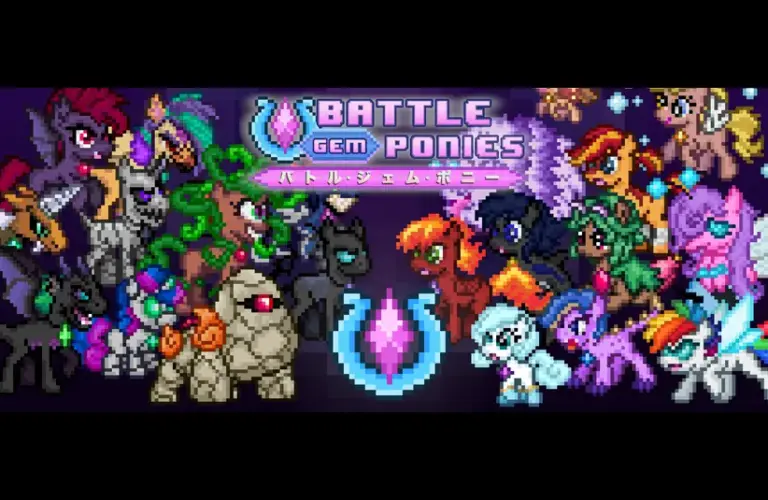 Pixel art of various colorful ponies in action poses, surrounding a central emblem. Text reads “Battle Gem Ponies” with Japanese characters below.