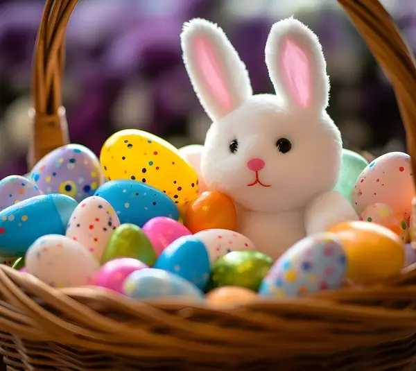Photo of a wooden Easter basket filled with colorful eggs and a cute stuffed bunny