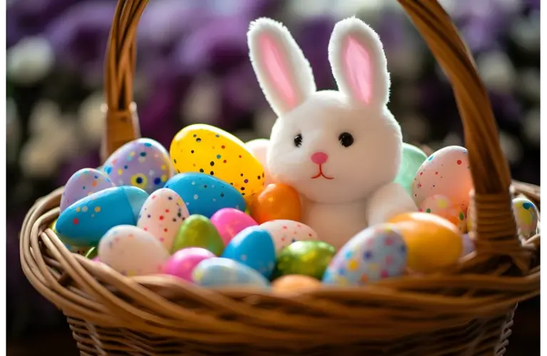 Photo of a wooden Easter basket filled with colorful eggs and a cute stuffed bunny