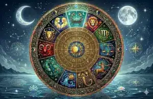 Cancer Zodiac Wheel on ocean waves with crescent and full moon