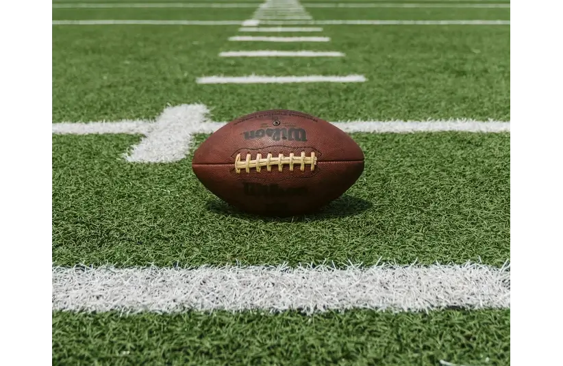 A football between the white lines on a football field