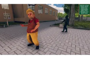 Animated scene of a man from School Teacher Simulation in colorful clothes looking surprised on a school campus. A shadowy figure approaches from behind. Green instructional text is visible.