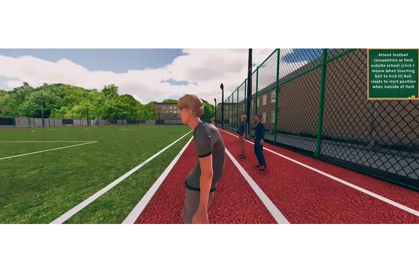 Animated scene of a football field with a person standing on a red track beside a fence in the game School Teacher Simulation. Trees and buildings in the background under a cloudy sky.