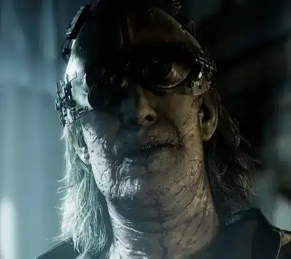 Vicotr Gideon in a dark room with large curtained windows behind him in Resident Evil Requiem