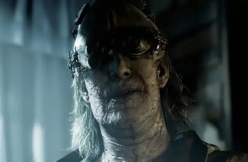 Vicotr Gideon in a dark room with large curtained windows behind him in Resident Evil Requiem