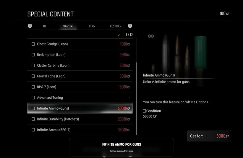 Special Content menu from Resident Evil Requiem