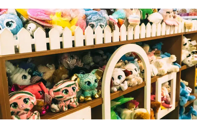Display with various cute stuffed animals