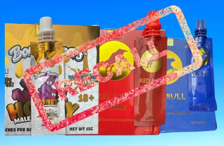 Images of Boner Bear, Red Bull and Blue Bull supplement packages with recall stamped over them