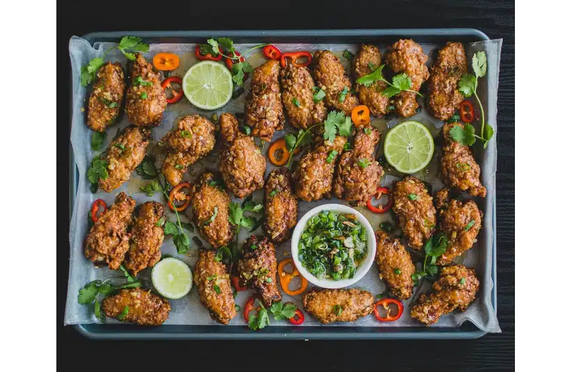 A spread of delicious fried chicken with fresh vegetables and herbs
