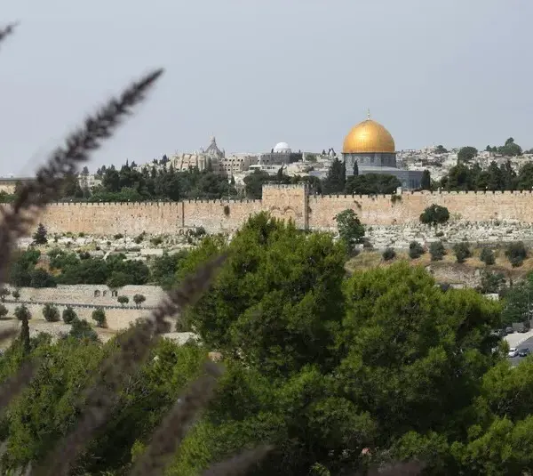 In Jesus's triumphal entry, He enters Jerusalem. Jerusalem is pictured in the distance of this photo with the temple standing out with a golden dome.