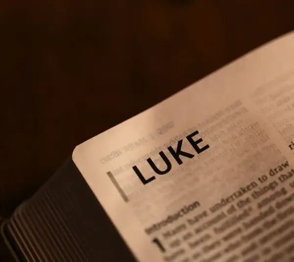In the triumphal entry story, an open Bible displays Luke.