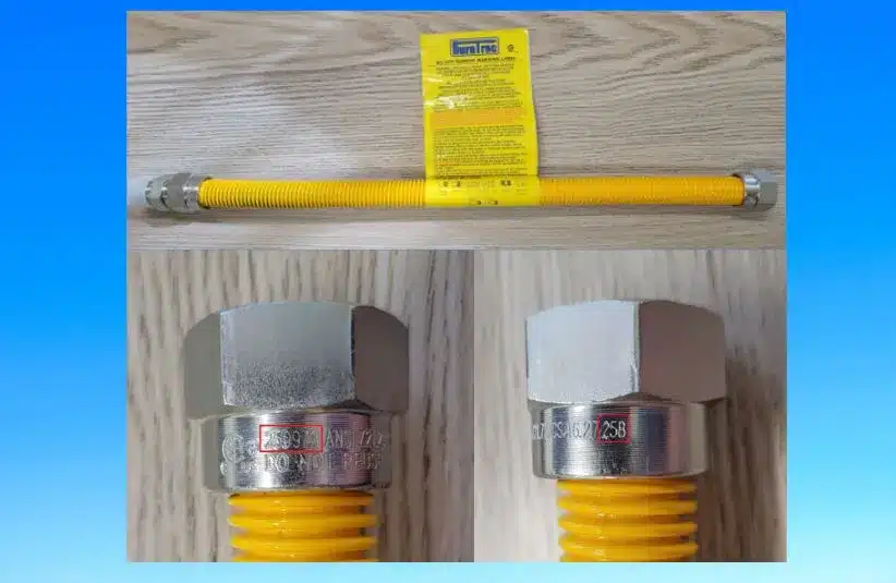 Images of  DuraTrac stainless steel gas connector including detail of identifying marks