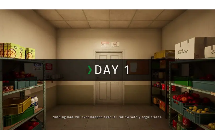 Screenshot from Before Exit: Gas Station, showing the stock room with Day 1 displayed
