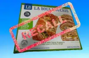 Image of LA BOULANGERIE TURKEY PESTO & SWISS CHEESE POCKETS with Recall stamped over it