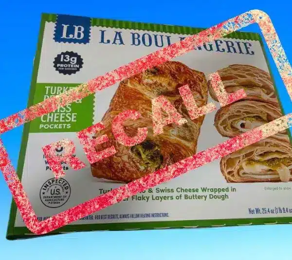 Image of LA BOULANGERIE TURKEY PESTO & SWISS CHEESE POCKETS with Recall stamped over it