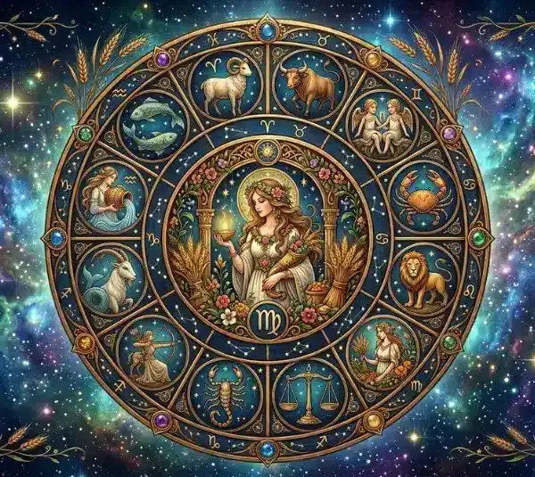 Floral Virgo Zodiac Wheel set among the stars and constellations