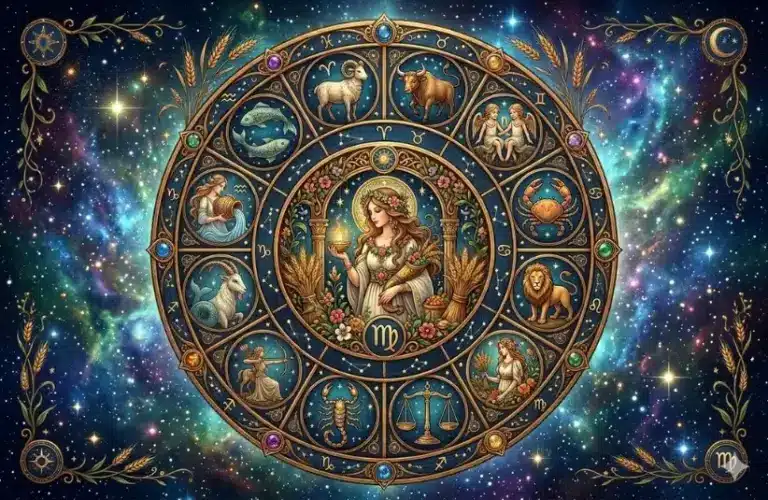 Floral Virgo Zodiac Wheel set among the stars and constellations