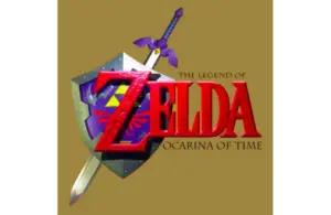 The image features "The Legend of Zelda: Ocarina of Time" logo with bold red text. A sword and shield form the background, set against a tan backdrop.