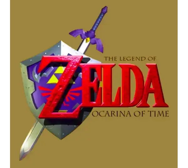 The image features "The Legend of Zelda: Ocarina of Time" logo with bold red text. A sword and shield form the background, set against a tan backdrop.