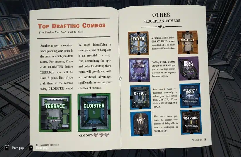 Open book in Blue Princedisplaying "Top Drafting Combos" with advice on floorplan combinations, featuring room cards like Terrace and Cloister, for strategic planning.