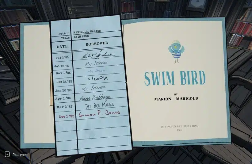 Open book to a library checkout card and title page. "Swim Bird" by Marion Marigold. Borrowers' names and dates listed, backdrop of bookshelves. Blue Prince