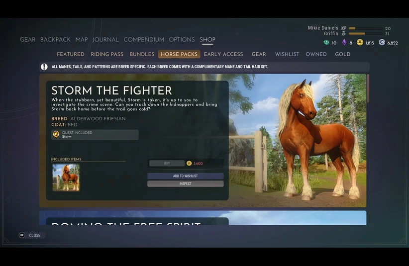 Screenshot from Equinox: Homecoming showing one of the new horses, a red Alderwood Friesian.