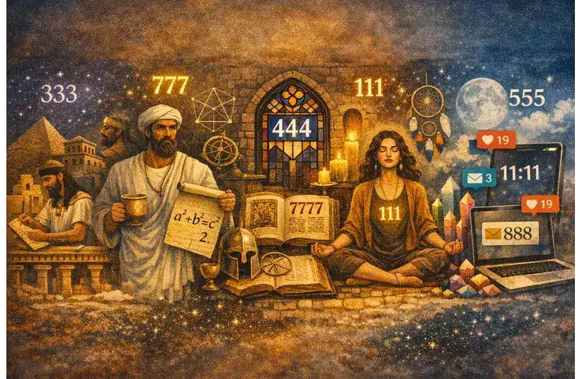 Ancient scholars and a meditative figure sit among symbols, numbers, books, and digital devices, blending history, mysticism, and technology.