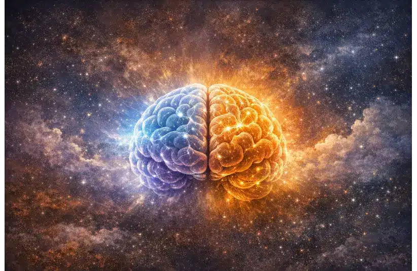 Surreal image of a brain in space, split into two colors: blue on the left and orange on the right, set against a cosmic background of stars and clouds.