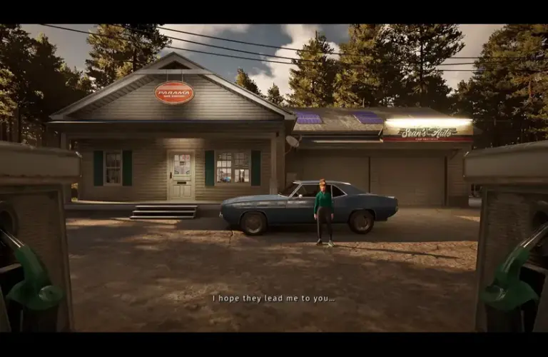Screenshot from Before Exit: Gas Station Daylight DLC showing the strange lady and the gas station