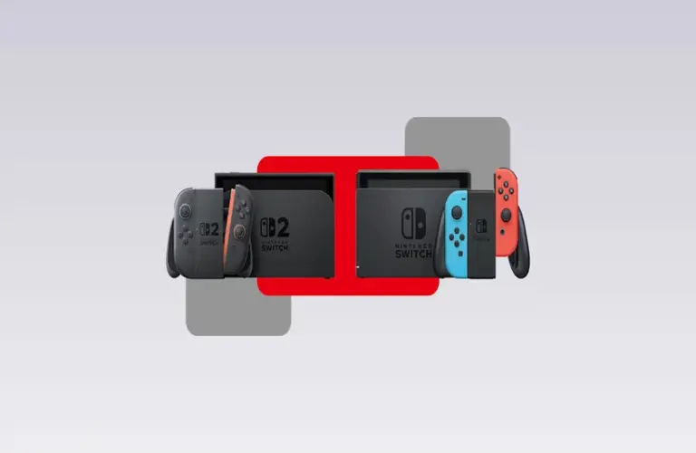 Nintendo Switch 2 in front of a grey background.