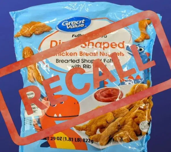 Image of Great Value Dino Nuggets bag with Recall stamped over them