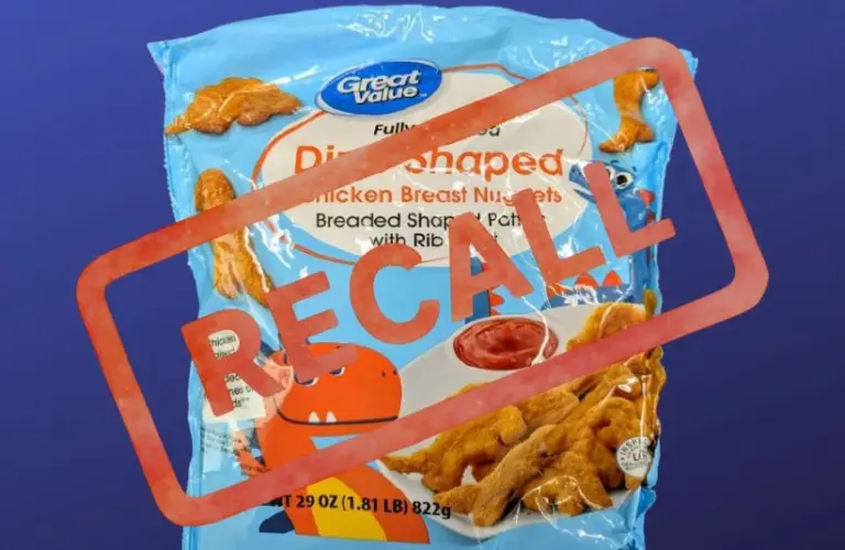 Image of Great Value Dino Nuggets bag with Recall stamped over them