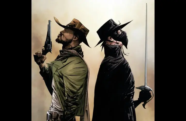 Comic-style image of Django and Zorro from the "Django/Zorro" comic series, back-to-back. One wears a cowboy hat with a revolver; the other, a black mask and cape with a sword—dramatic tone.