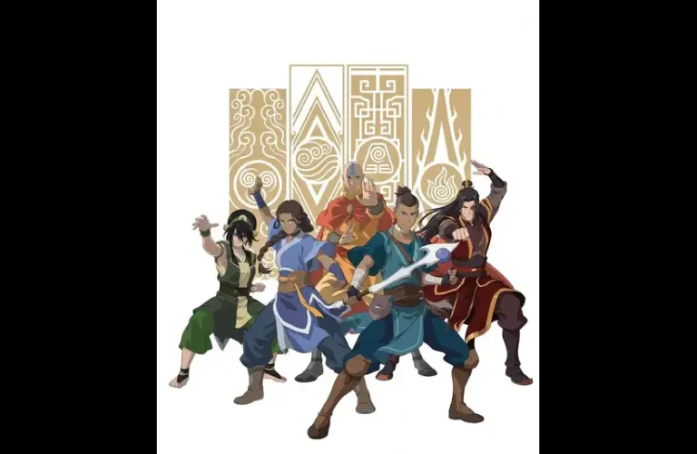 Five animated characters from the upcoming "Avatar: The Last Airbender" movie, in action poses, each wearing distinct outfits. They stand before stylized elemental symbols, exuding confidence and power.