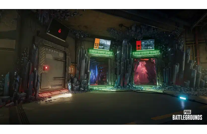 Futuristic crystal-studded room, in PUBG: Battleground Xeno Point, with three illuminated portal-style doors, each in different colors. Monitors above display game-related info. Moody ambiance.