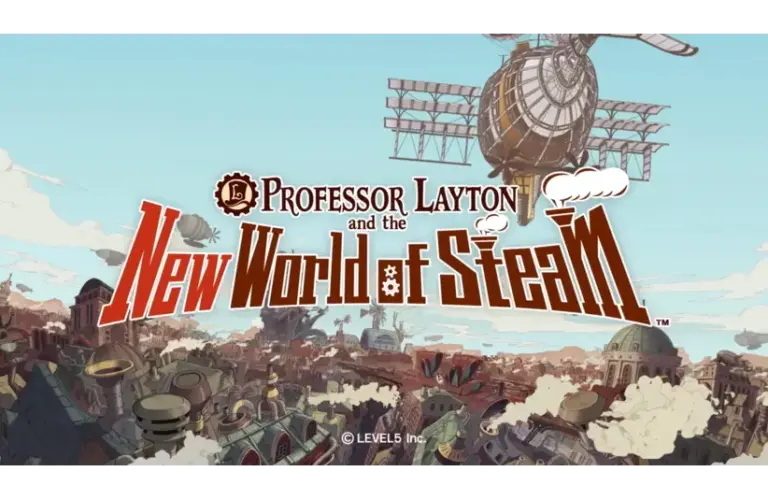 Steampunk-themed cityscape with airship, clouds, and "Professor Layton and the New World of Steam" title in bold, adventurous lettering.
